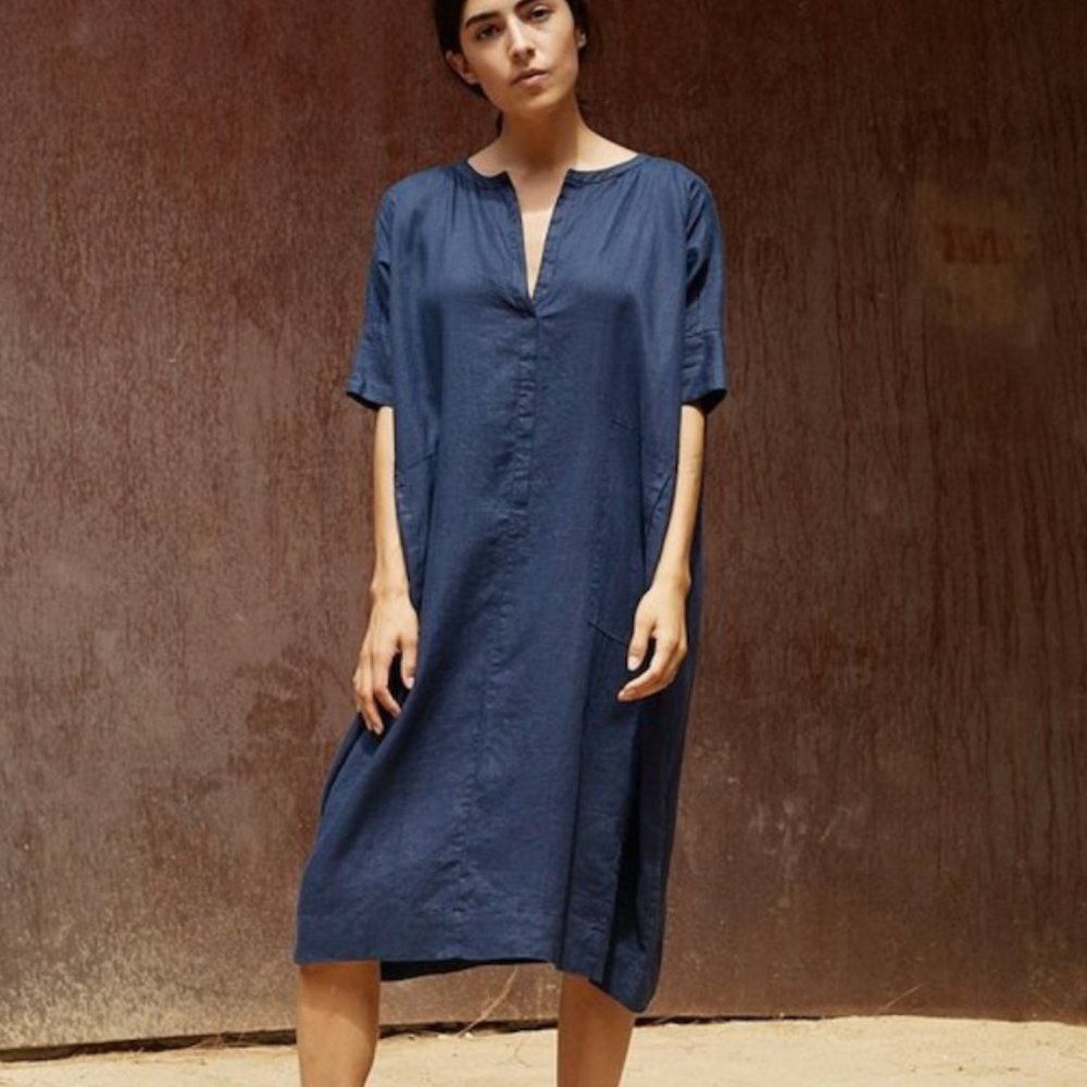 Sugar Candy Mountain Navy Blue Linen Felisha Dress (XS/S Relaxed Fit)